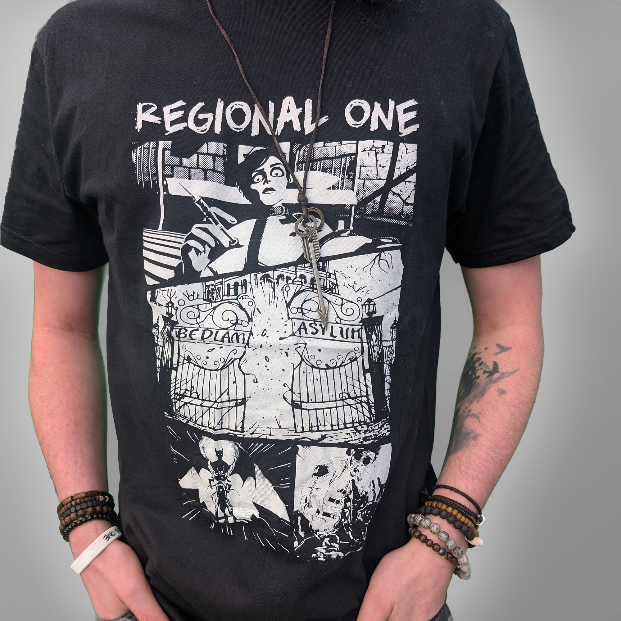 Regional One Bedlam T-shirt featuring an illustrated Bedlam design on the front.