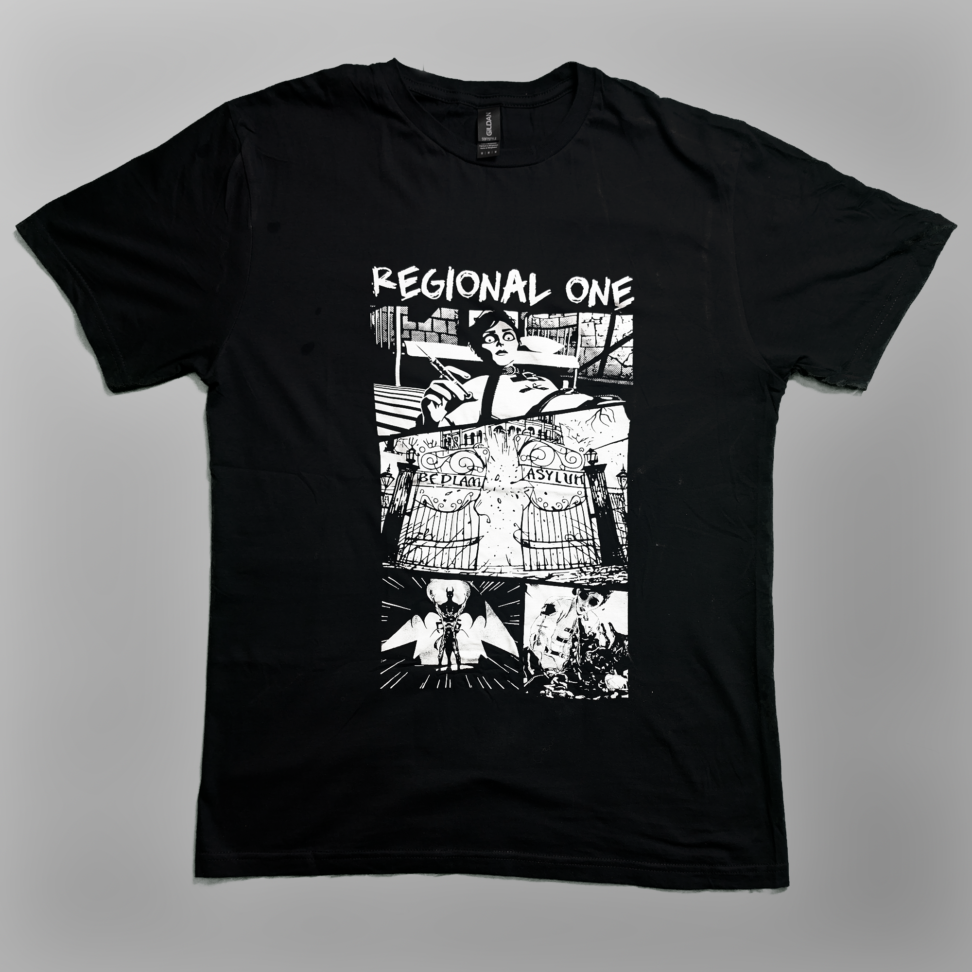 Regional One Bedlam T-shirt featuring an illustrated Bedlam design on the front.