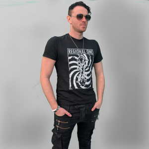 Regional One Puppet T-shirt featuring the full puppet design, modelled by Simon.